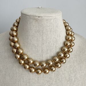 Vtg Gold Glass Pearl Double Strand Box Clasp Necklace Classic MCM Mid Century